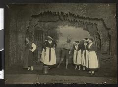 Black and white photograph of the Norwegian Theatre in 1916 with people gathered outside
