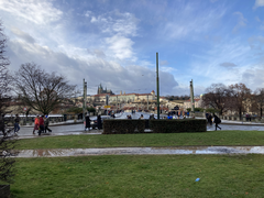 View of Prague cityscape after a shooting incident, showing the normal life continuing