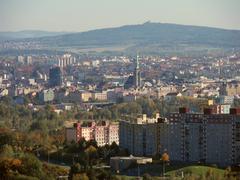 View from Sylván tower to southeast showing Plzeň town centre and Radyně castle in the background