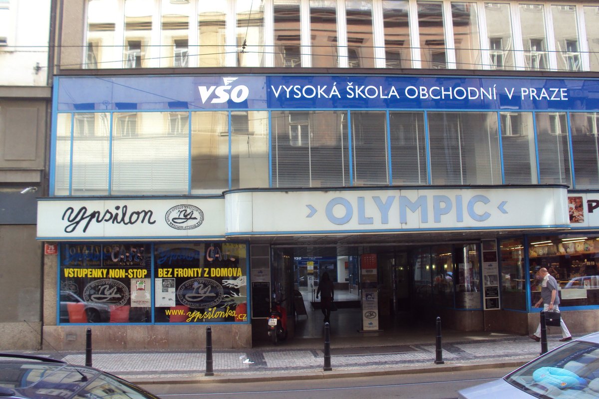 Exterior view of Pasáž Olympic, divadlo Ypsilon, and private Vysoká škola obchodní on Spálená street 14 and 16