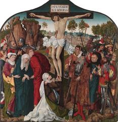 Crucifixion of Christ oil painting depicting Jesus on the cross surrounded by figures circa 1490