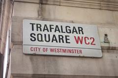 Street sign reading Trafalgar Square WC2 in City of Westminster, London