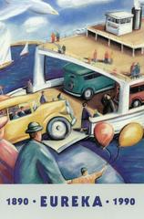 Colorful poster showing autos on the large steam ferry Eureka at Hyde Street Pier