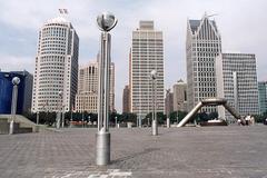 Detroit skyline viewed from Hart Plaza at Detroit International Riverfront along the Detroit River in Michigan