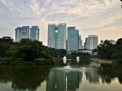 Lake in Kuala Lumpur Perdana Botanical Gardens with Kuala Lumpur Sentral skyline