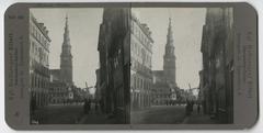 Vor Frelsers Kirke in Copenhagen with its distinctive corkscrew spire captured in black and white in 1904