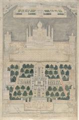 Aerial view of the Taj Mahal with surrounding gardens and Agra city in the background