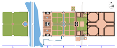 Taj Mahal site plan showing five distinct sections including moonlight garden, riverfront terrace, Charbagh garden, jilaukhana area, and Taj Ganji with level descends to river Yamuna
