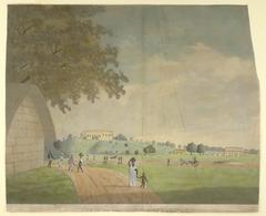 View in the Fort at Monghyr showing a large grassed area with people walking and various conveyances, with the hill-top house of the Fort Commander in the background