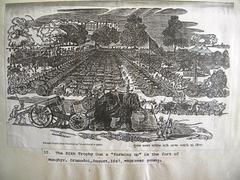 Painting of Sikh army weapons including guns drawn by horse, bullock, camel, and elephant lined up inside Monghyr fort