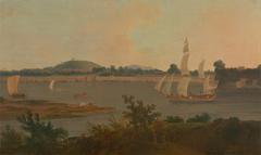 Pinnace sailing down the Ganges river past Monghyr fort