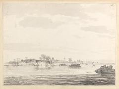 Coloured etching of the Fort at Monghyr on the river Ganges in India by William Hodges, 1787