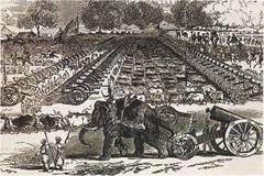 Engraving of Sikh army guns lineup in Monghyr fort drawn by horse, bullock, camel, and elephant