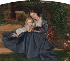 Mother and child seated in a garden by Arthur Hughes