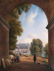 View of Richmond, Surrey from beneath a railway arch showing historic buildings and the river