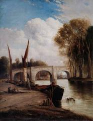 Richmond Bridge over the River Thames in Surrey, depicted in a historical artwork