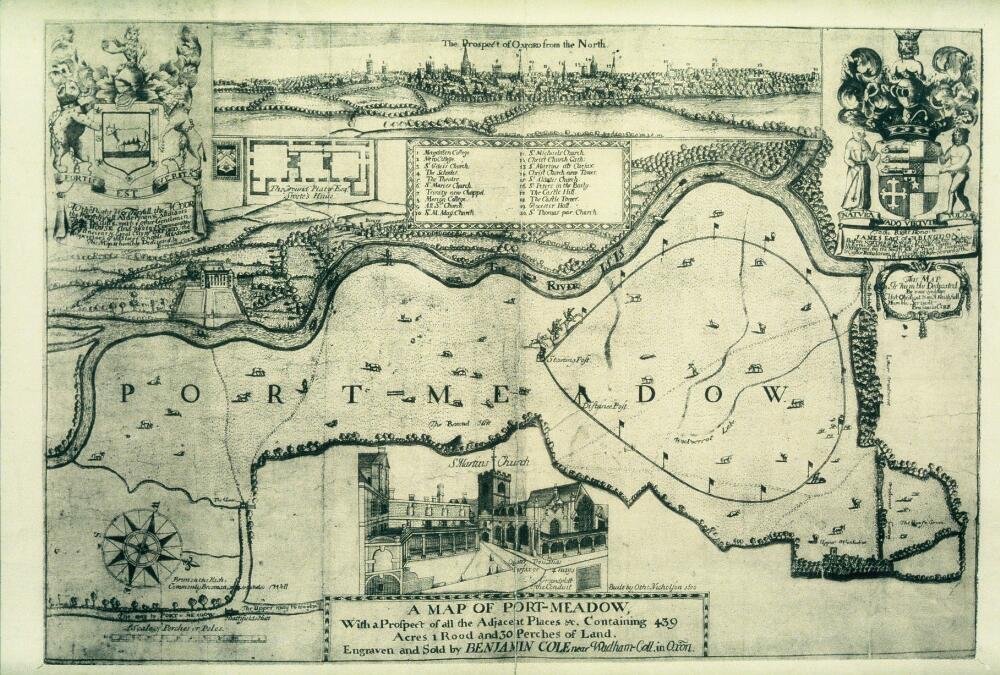 Historic map of Port Meadow with cartouches and inset of St. Martin's Church