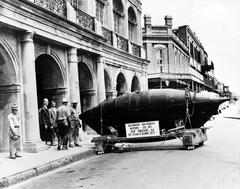 Confederate submarine Pioneer being moved into Presbytere Arcade, Louisiana State Museum, New Orleans in 1957