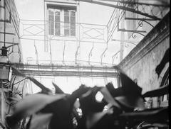 Detail of metal railing on the courtyard wall of The Presbytere at Jackson Square in New Orleans in March 1934