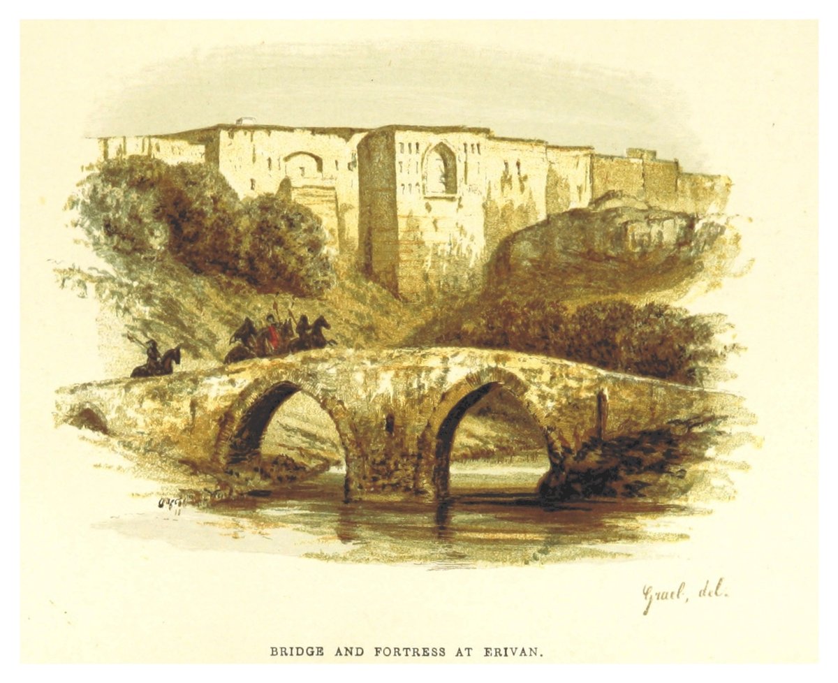 Historical bridge and fortress of Erivan under dramatic cloudy sky