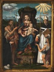 Painting of Virgin and Child Enthroned with Saint John the Baptist, Saint Antoninus, a Female Donor and a Beggar by Bernardino Luini