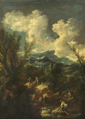 Landscape scene featuring washerwomen by a river