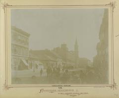 Historic view of Nagymező Street from Andrássy Avenue towards Király Street with Terézváros Parish Church in Budapest around 1873
