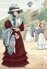 Woman wearing red dress with flounced hem, high lace collar, and wide-brimmed hat