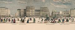 Panoramic engraved and hand-colored wooden panorama of Paris boulevards including Place de la Concorde and Place de la Bastille, showing theaters, monuments, and buildings