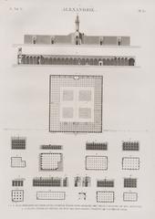 Architectural plans and sections of ancient Alexandrian structures including the Thousand Columns Mosque and main cisterns