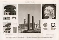 Three granite columns south of the ancient basilica known as Mosque of St. Athanase in Alexandria, with interior views, plans, sections and details of an ancient tower north of two obelisks called the Tower of the Romans