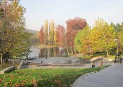 Scenic view of a lake in Alexandru Ioan Cuza park (Titan, IOR) in Bucharest with greenery and blue sky