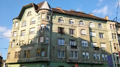 Street view of Népszínház utca with historic buildings and storefronts