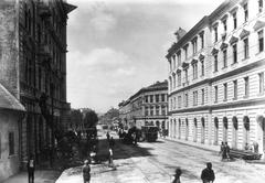 View of Népszínház utca street towards the boulevard with the Népszínház theater building in the distance, Budapest around 1895