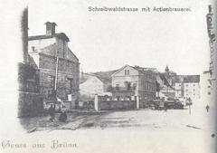 Historic steam tram in front of a brewery in Brno, Moravia between 1896 and 1900