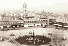 Historical reconstruction photograph of Plaza de Armas in Lima in 1865 showing colonial architecture and people in period attire