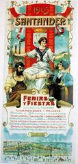 Large vintage poster of Ferias y Fiestas Santander 1905 with festive illustrations