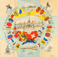 Printed handkerchief from the 1896 National Exhibition in Geneva with Swiss canton shields and Geneva landmarks