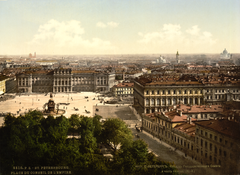 Monochrome image of St Isaac's Square and Saint Petersburg skyline with Imperial Council building on west side, 1890s