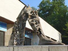 Sculpture at the entrance of Sofia Theatre in Sofia, Bulgaria