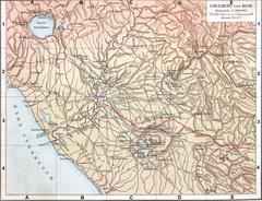 1886 historical map showing the Latin Way (Via Latina) in red around Rome