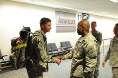 Brig. Gen. Stephen M. Twitty greeting 2nd Battalion, 29th Field Artillery Regiment soldiers at El Paso International Airport