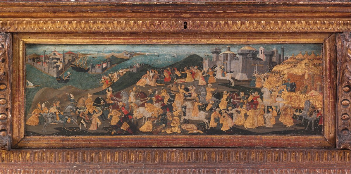 Italian wooden cassone with painted front panel depicting the Conquest of Trebizond