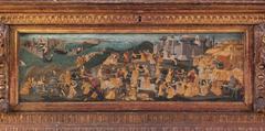 Italian wooden cassone with painted front panel depicting the Conquest of Trebizond