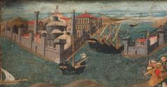 Cassone with painted front panel depicting the Conquest of Trebizond, detail showing Constantinople