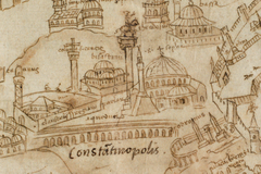 Historical map of Constantinople by Cristoforo Buondelmonti featuring landmarks such as Columns of Justinian, Constantine, and Theodosius, Hagia Sophia, Aqueduct of Valens, and the Hippodrome