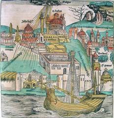 1493 Nuremberg Chronicle map showing Hagia Sophia with Justinian's column and possibly Arslan Hane or Church of St. John the Evangelist at Dihippion