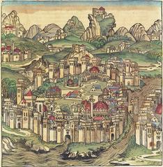 Woodcut illustration of Constantinople from the Nuremberg Chronicle Latin copy in Sao Paulo