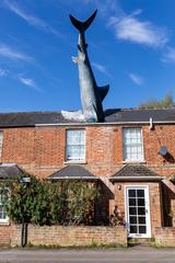 The Headington Shark sculpture on a rooftop in Oxfordshire UK