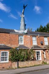 The Headington Shark sculpture crashing into a rooftop in Oxfordshire, UK